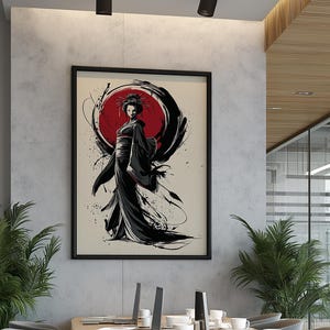 Dramatic Japanese Geisha Art Print, Red Sun Ink Poster, Bold Kimono Wall Decor