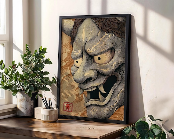 Traditional Japanese Hannya Demon Mask Woodblock Style Artwork