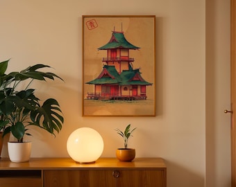 Ukiyo-e Style Japanese Tea House Poster, Woodblock Landscape Art