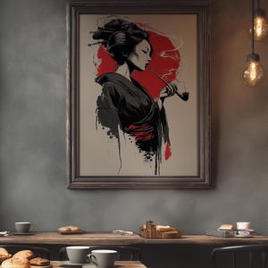 Smoking Geisha Art Print, Red Sun Japan Poster, Dramatic Ink Portrait