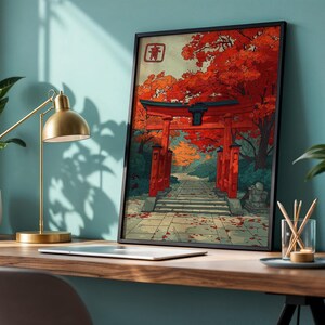 Autumn Torii Gate Art Print, Japanese Shrine Path Poster, Red Maple Wall Decor image 7