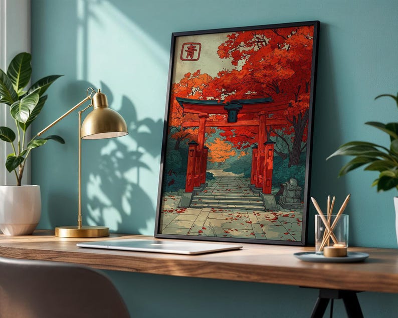 Autumn Torii Gate Art Print, Japanese Shrine Path Poster, Red Maple Wall Decor image 7