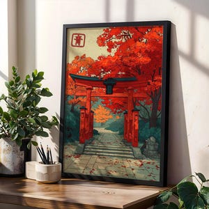 Autumn Torii Gate Art Print, Japanese Shrine Path Poster, Red Maple Wall Decor image 10