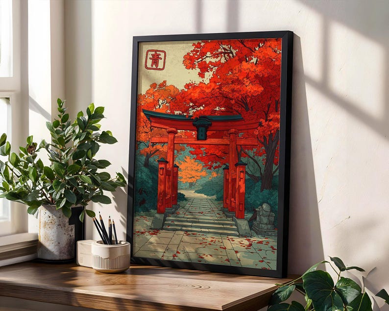 Autumn Torii Gate Art Print, Japanese Shrine Path Poster, Red Maple Wall Decor image 10