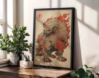 Komainu Poster, Ukiyo-e Japanese Art, Vintage Woodblock Print