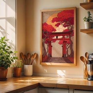 Japanese Torii Gate Sunset Print, Shrine Illustration with Red Maple Forest, Asian Wall Art Home Decor