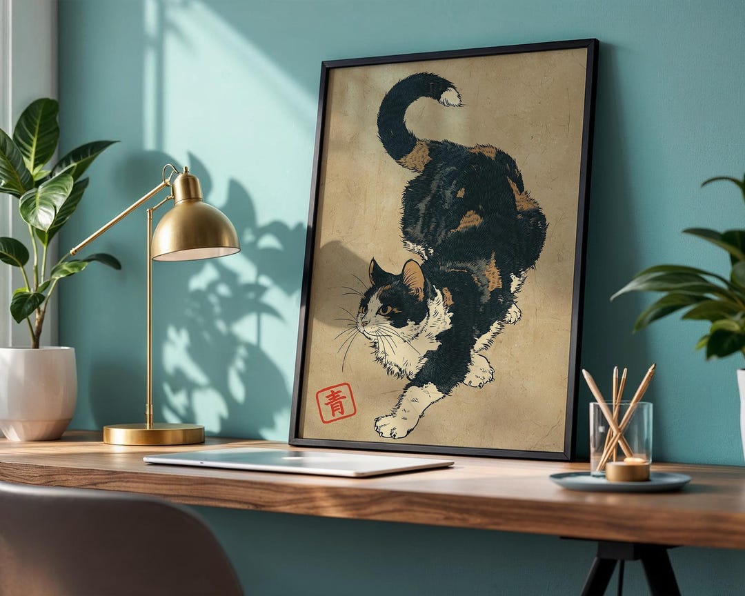 Japanese Cat Wall Art Print of Calico Feline in Traditional Brush Style ...