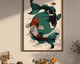 Japanese Koi Fish Art Print, Yin Yang Carp Wall Decor, Traditional Oriental Poster