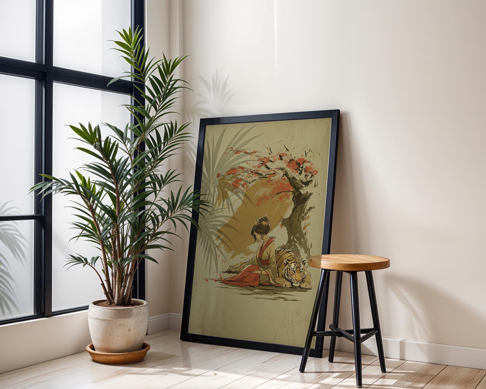 江戸風壁画 - 芸者と虎の水墨画 - Etsy 日本