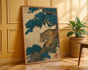 Lámina artística de tigre agazapado, ilustración de fauna silvestre del bosque japonés, póster natural de estilo Edo para decoración del hogar.