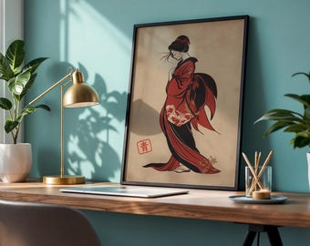 芸者の着物アートプリント、優雅な日本の女性のイラスト、伝統的なスタイルの装飾