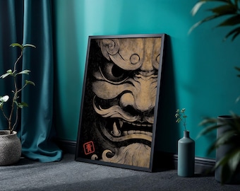 Tengu Mask Art Print, Japanese Demon Face Illustration, Dark Mythic Poster