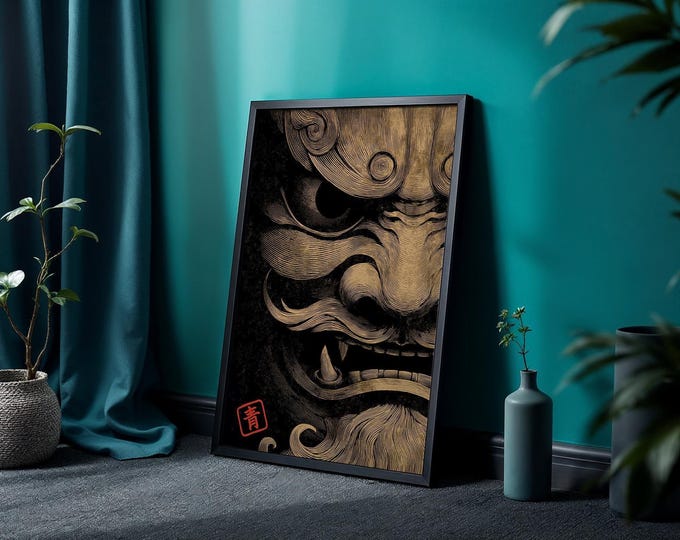 Tengu Mask Art Print, Japanese Demon Face Illustration, Dark Mythic Poster