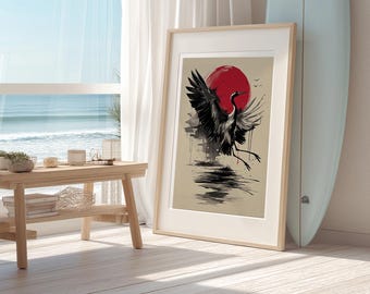 Dynamic Japanese Crane Print, Red Sun Ink Poster, Bold Oriental Bird Wall Art