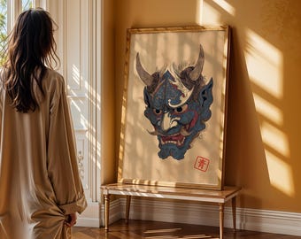 Ukiyo-e Style Japanese Oni Poster, Vintage Woodblock Landscape Art Print, Traditional Asian Wall Decor