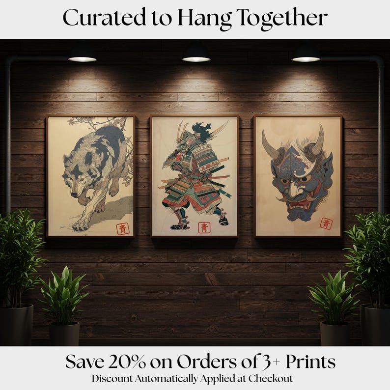 three framed Japanese artworks displayed on a wooden wall, with a sign indicating a 20% discount on orders of 3+ prints.