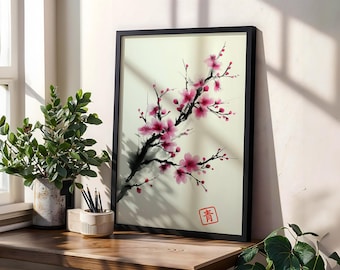 Japanese Cherry Blossom Art Print, Sumi-e Ink Wash, Asian Wall Decor