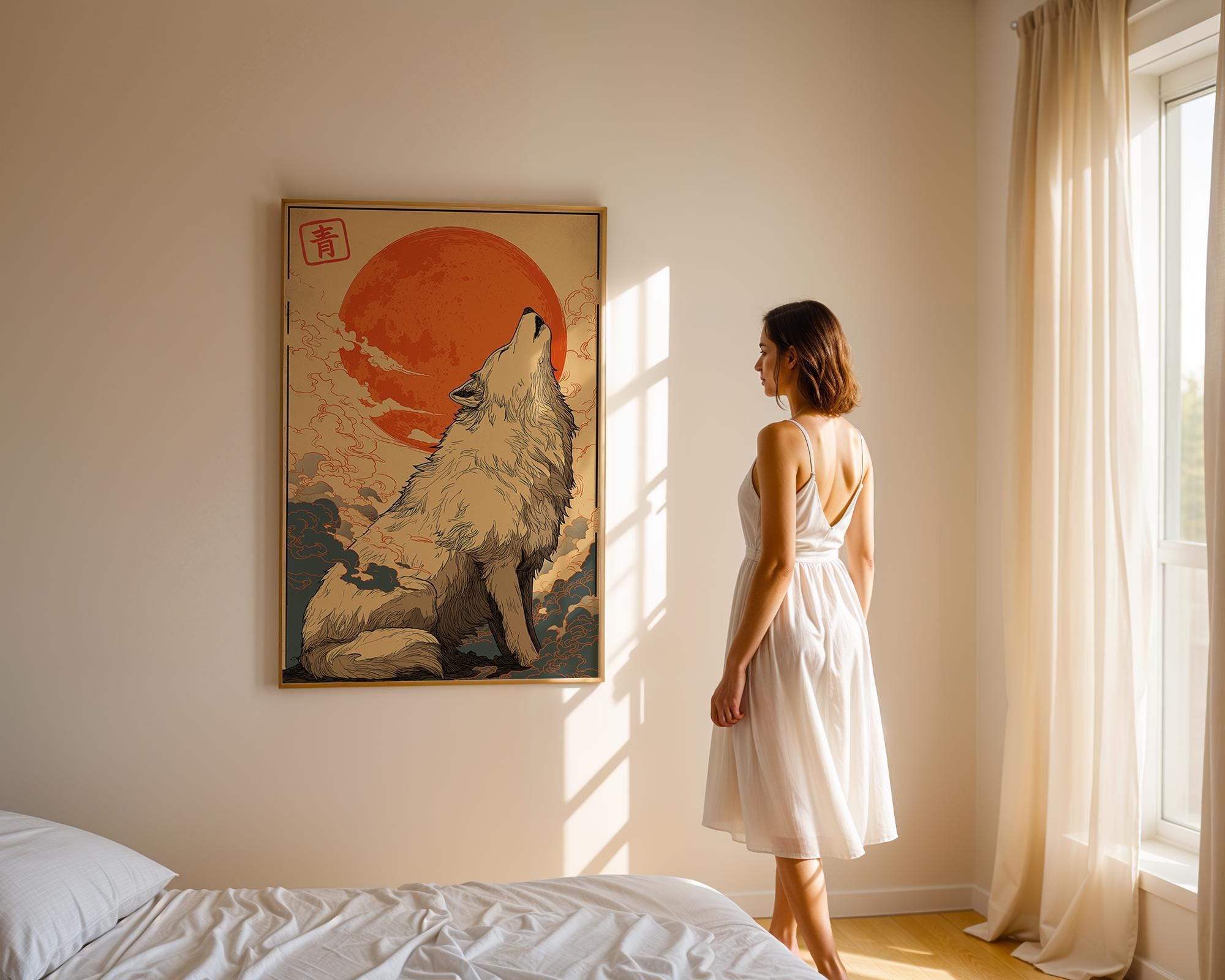Only Lonely Wolf KINOKO オリジナルアート Japanese Okami Spirit Art Print Featuring Howling Lone Wolf and