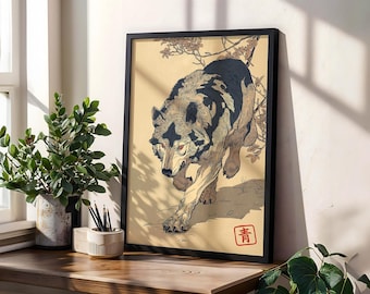 Stalking Wolf Japanese Art Print, Wild Animal Edo Style Illustration Nature Poster
