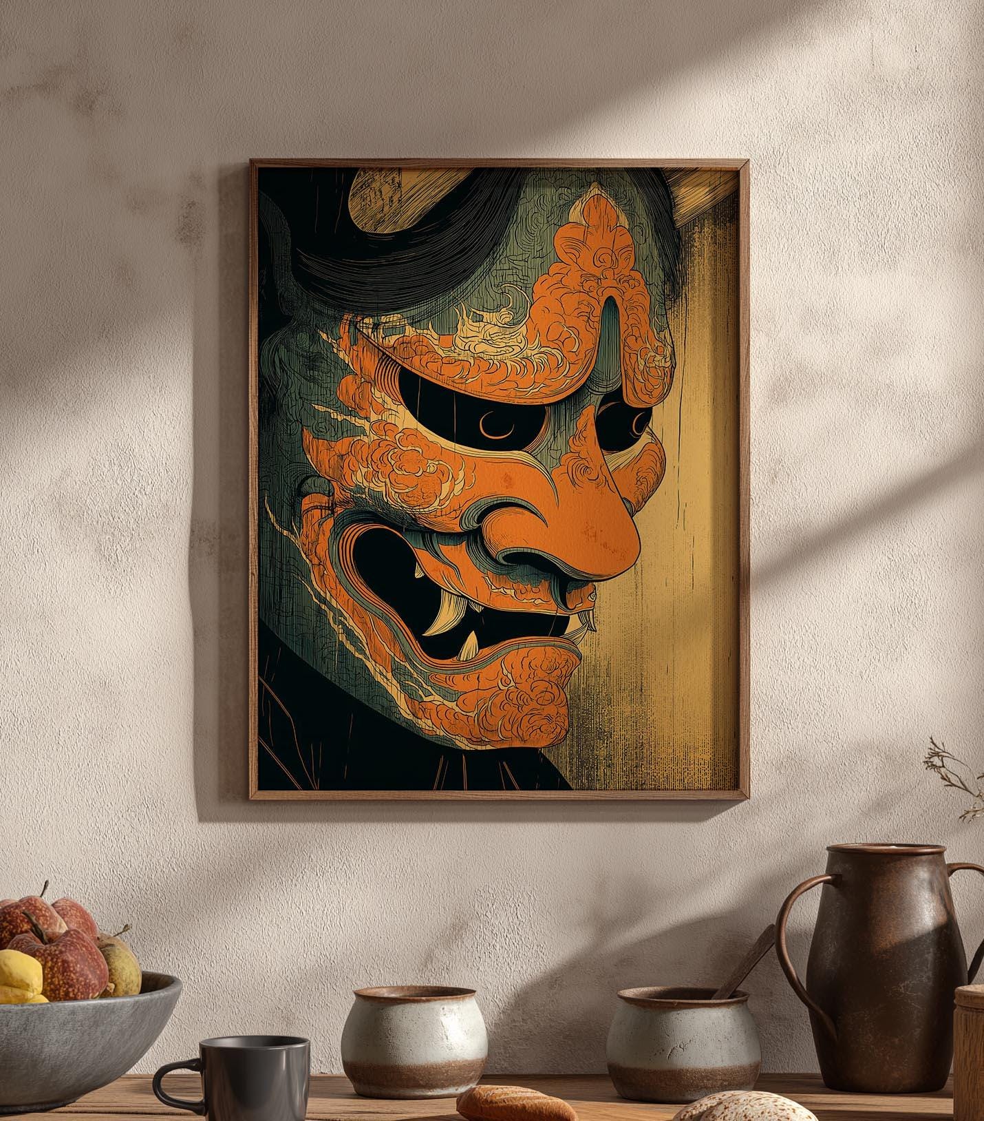 Creepy Hannya Mask– Japanese Woodblock Style Art Print With