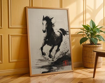 墨絵馬のアートプリント、日本の水墨画、アジア風の壁装飾