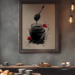 Honey jar - Traditional Japanese Inkwash Style - Sumi-e - Kitchen Decor