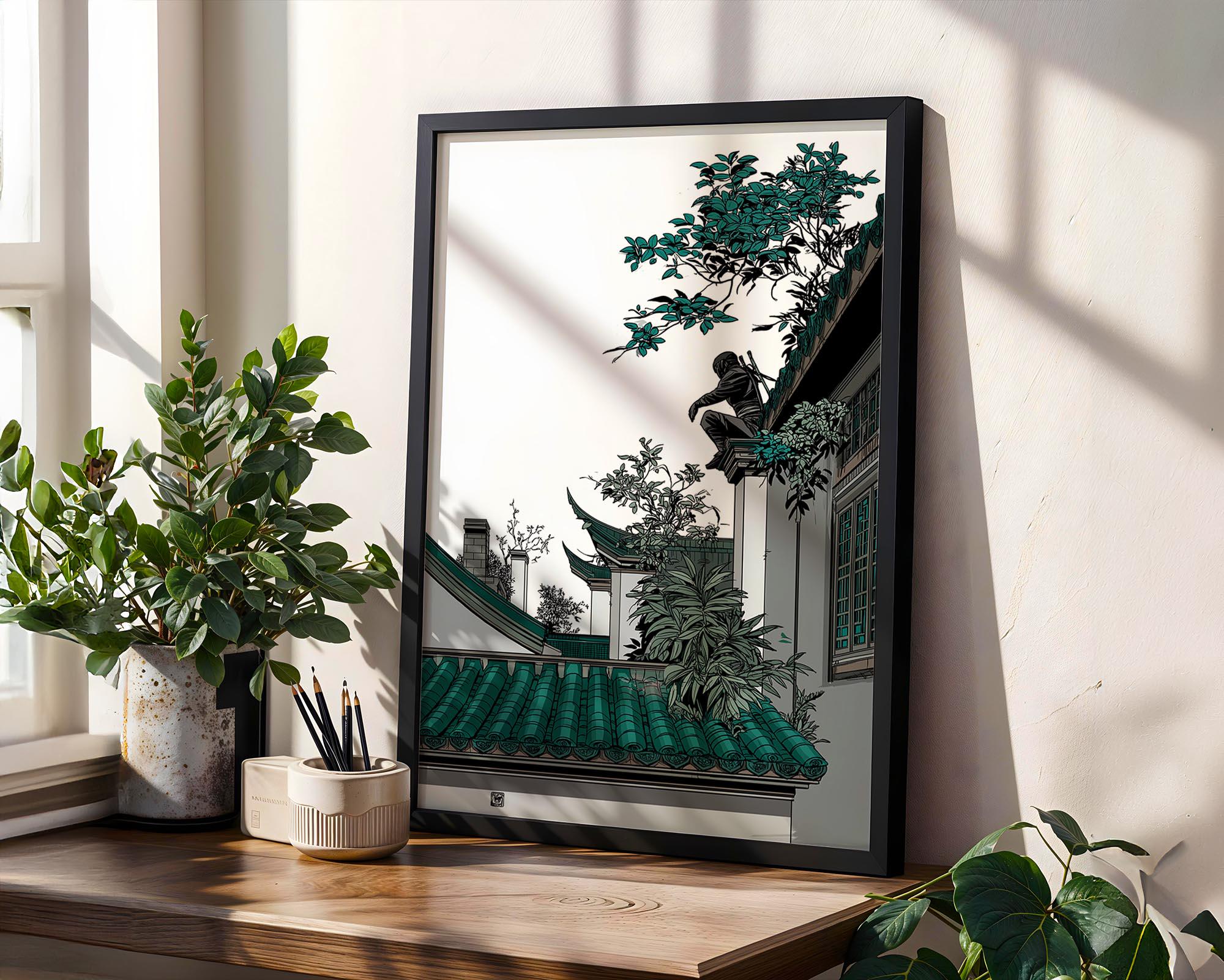 Hidden Ninja Art Print - Green Roof Temple Poster - Stealth Japan