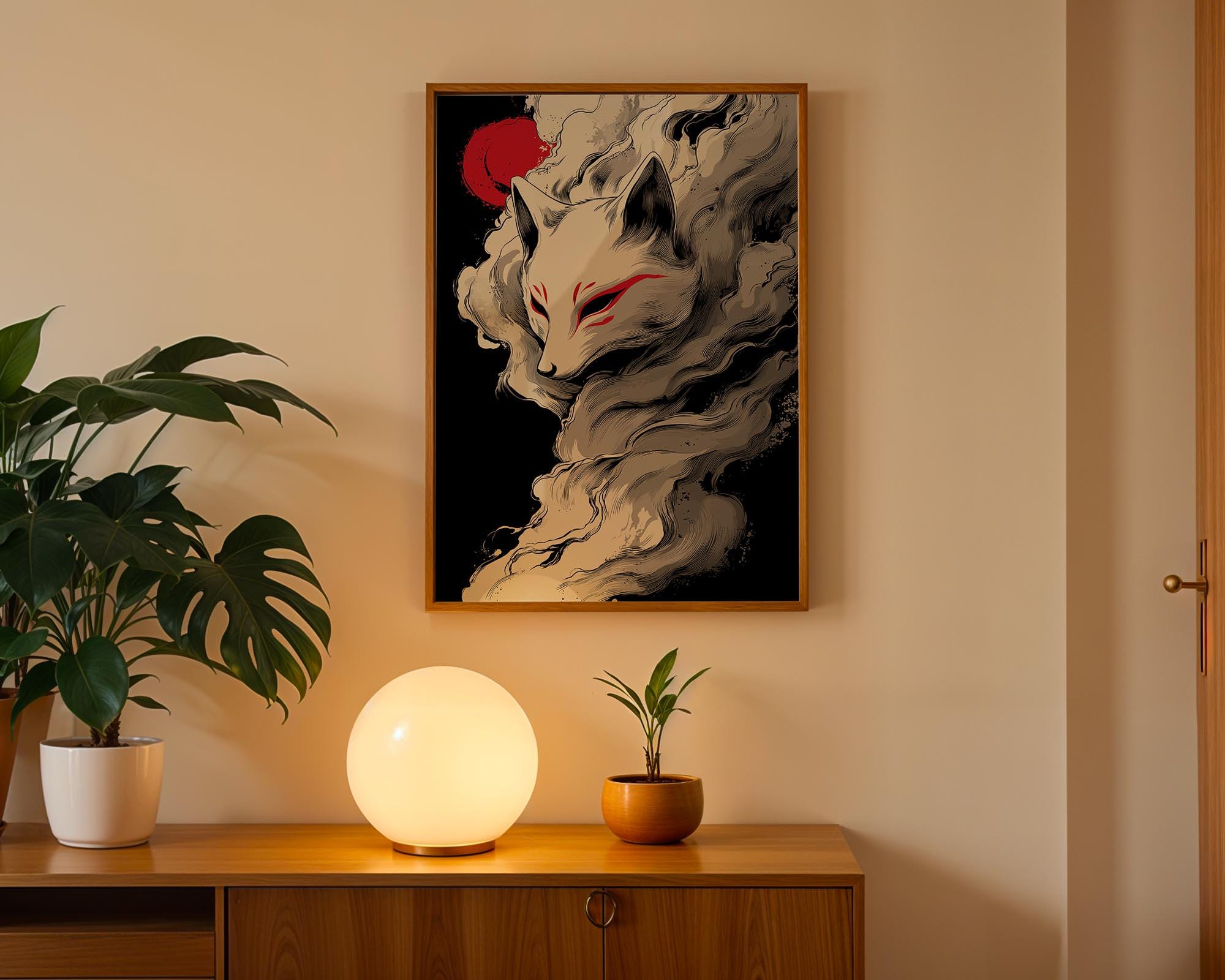 Japanese Kitsune Art Print, Mythic Fox Spirit Poster, Red Sun
