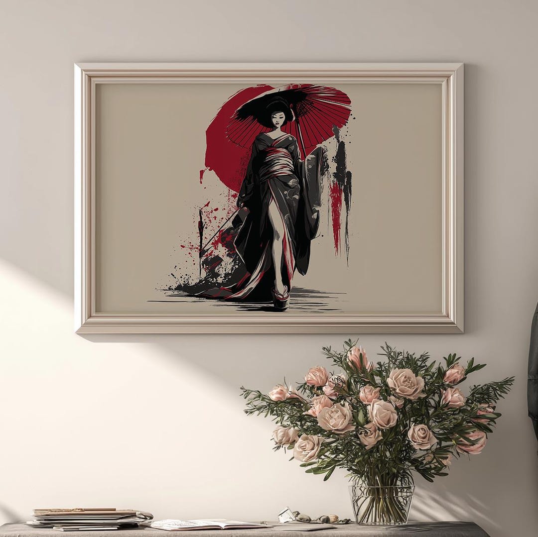 Crimson Umbrella Geisha Art Print, Red Sun Japan Poster, Dramatic Ink ...