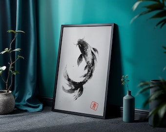 Koi Fish Art Print, Sumi-e Ink Wash, Japanese Wall Decor