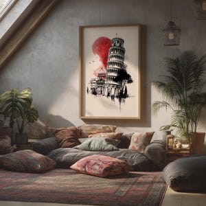 Impressão da Catedral de Pisa em aquarela japonesa - Decoração de parede minimalista em tinta preta