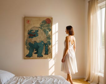 Komainu Guardian konsttryck, japansk mytisk odjurposter, väggdekoration i Edo-stil