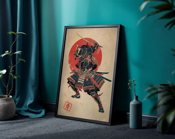 Samurai Battle Wall Art Print with Red Sun in Vintage Japanese Style