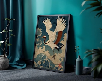 Japanese Crane Wall Art Print with Ocean Waves and Traditional Vintage Linework