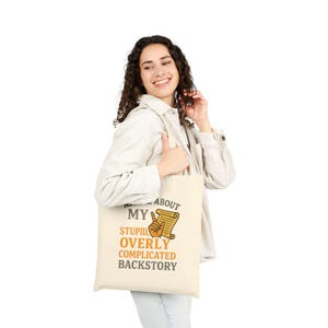 Bolsa de lona de algodão engraçada - Pergunte-me sobre minha história estúpida e complicada, sacola de compras, bolsa de praia, presente para escritores, ecológica