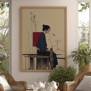 Impresión artística de un samurái tranquilo, póster minimalista de Japón, ilustración de tinta serena