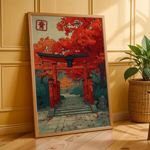 Autumn Torii Gate Art Print, Japanese Shrine Path Poster, Red Maple Wall Decor image 8