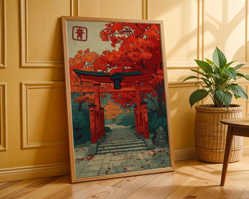 Autumn Torii Gate Art Print, Japanese Shrine Path Poster, Red Maple Wall Decor image 8