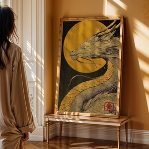 Japanese Dragon Wall Art Print with Golden Moon and Detailed Mythic Linework