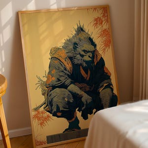 May include: Framed art print featuring a stylized illustration of a gorilla in traditional Japanese attire. The artwork has a yellow background with orange bamboo accents. The gorilla is depicted in shades of green, black, and gold.