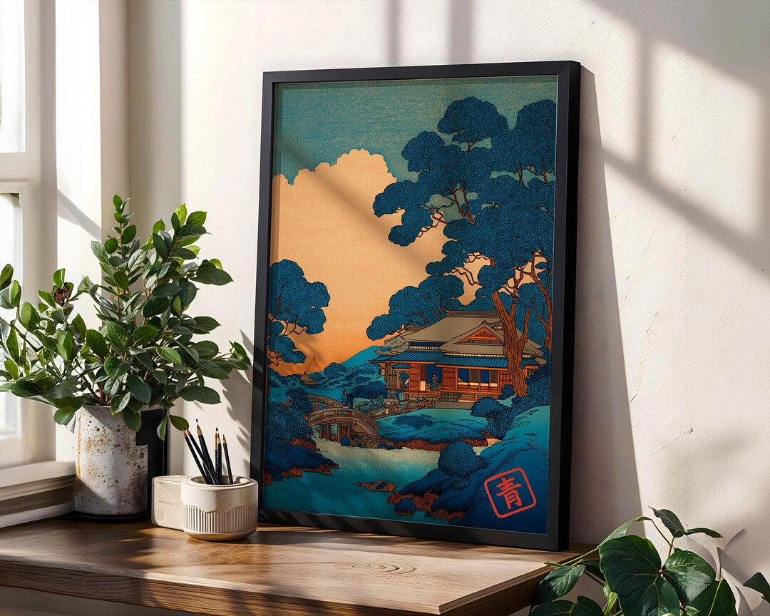 Japanese House Wall Art Print of Garden Bridge and Scenic Mountain View ...