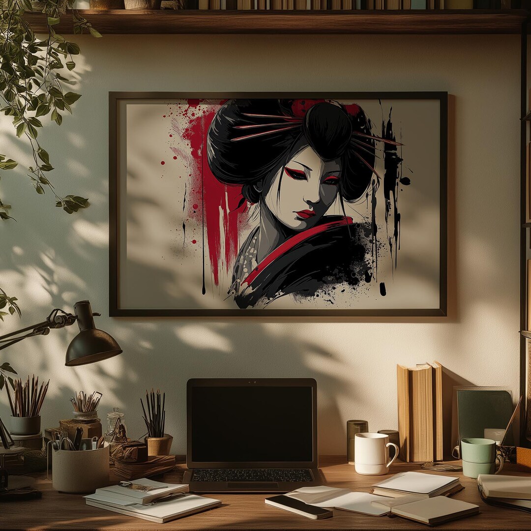 Crimson Geisha Art Print, Red Ink Japan Poster, Dramatic Portrait ...