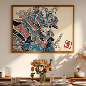 Samurai Wall Art Print with Ornate Armor in Detailed Japanese Style