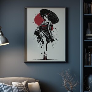 Lámina artística con sombrilla de geisha japonesa, póster de kimono con sol rojo, elegante decoración de pared oriental