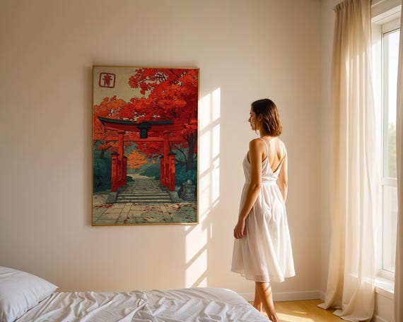 Autumn Torii Gate Art Print, Japanese Shrine Path Poster, Red Maple Wall Decor