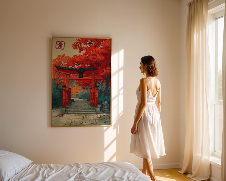 Autumn Torii Gate Art Print, Japanese Shrine Path Poster, Red Maple Wall Decor image 1