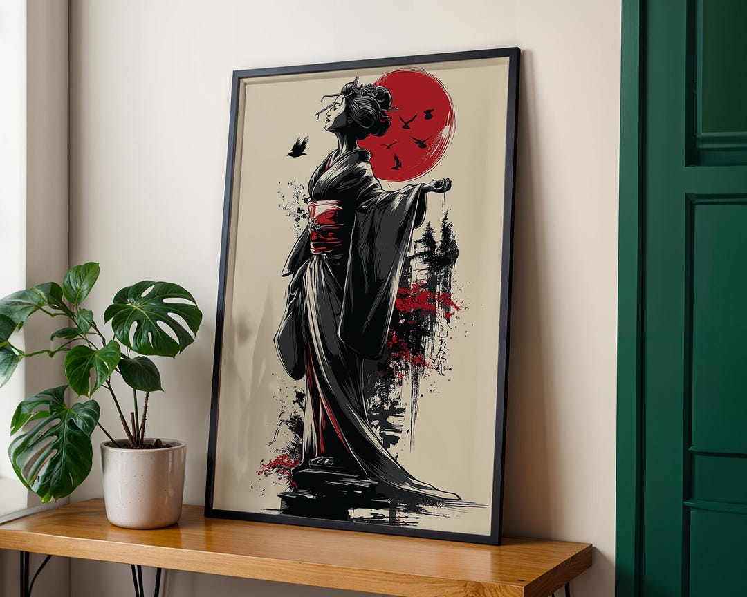 Dramatic Japanese Geisha Art Print, Red Sun Poster, Elegant Kimono Wall ...