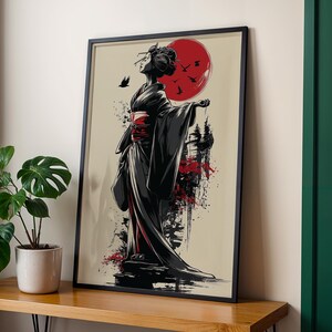 Dramatic Japanese Geisha Art Print, Red Sun Poster, Elegant Kimono Wall Decor