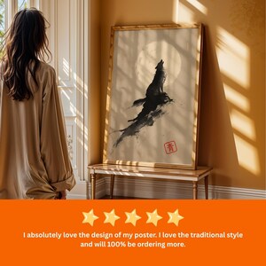 A woman admiring a large poster featuring a wolf on a moonlit night, with a rating of 5 stars and a statement that she loves the design and traditional style of the poster.
