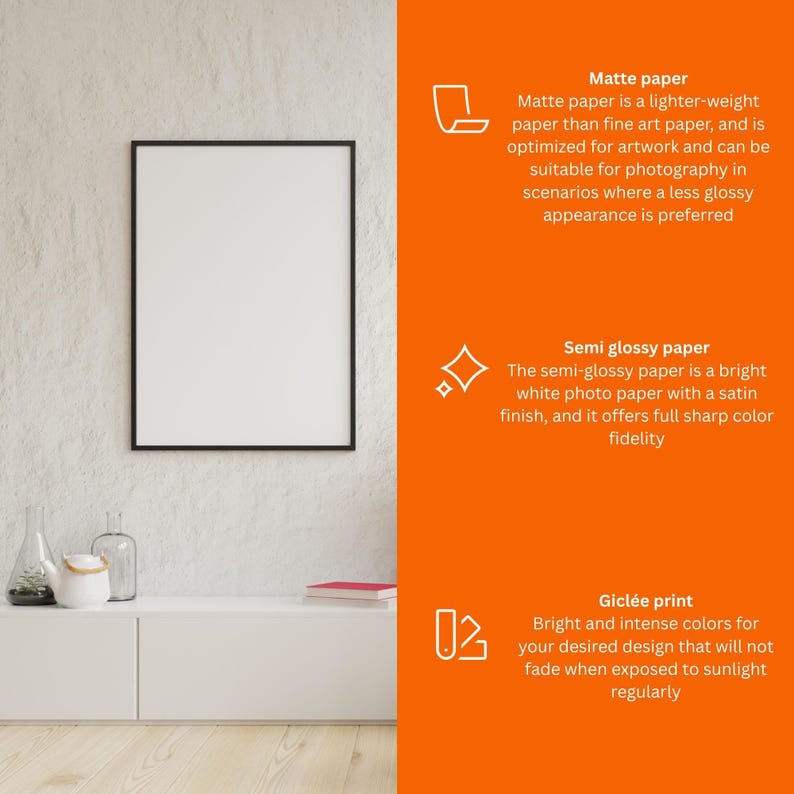 a white frame hanging on a wall, with a few decorative items placed on a white shelf below it.